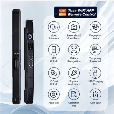 カメラと指紋3D顔認識付きのブラックスマートドアロック TUYA防水ロック
